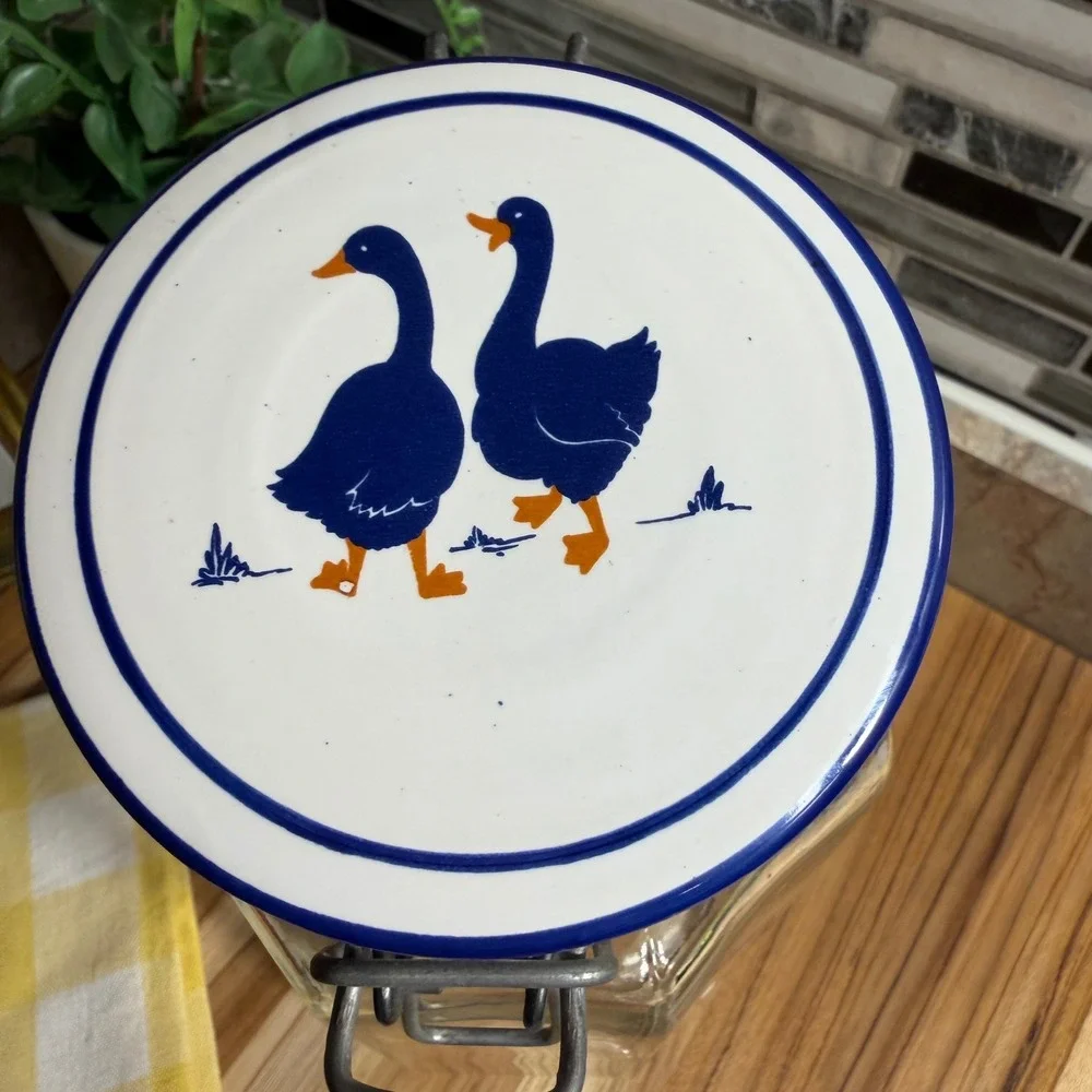 Vintage Blue Goose Glass Canister Octagon Jar Wire Bale Lid Made in Italy